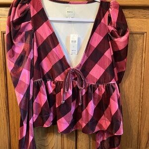 Maeve Pink and Brown Plaid Women's Top